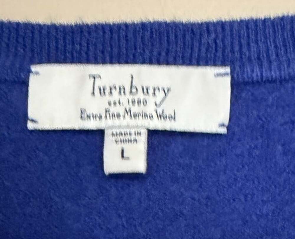 Turnbury Extra Fine Merino Wool V Neck Sweater Blue Men's Large - Picture 7 of 8